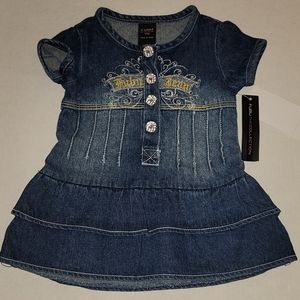 Fubu Denim blue Jean Dress 12 months embroidered ruffles detailed buttons